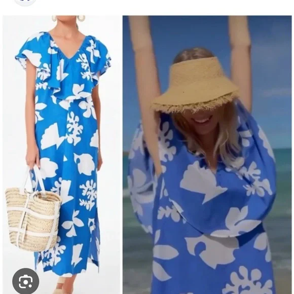 Tuckernuck V Neck Ruffle Floral Midi Dress Size M - Picture 2 of 7